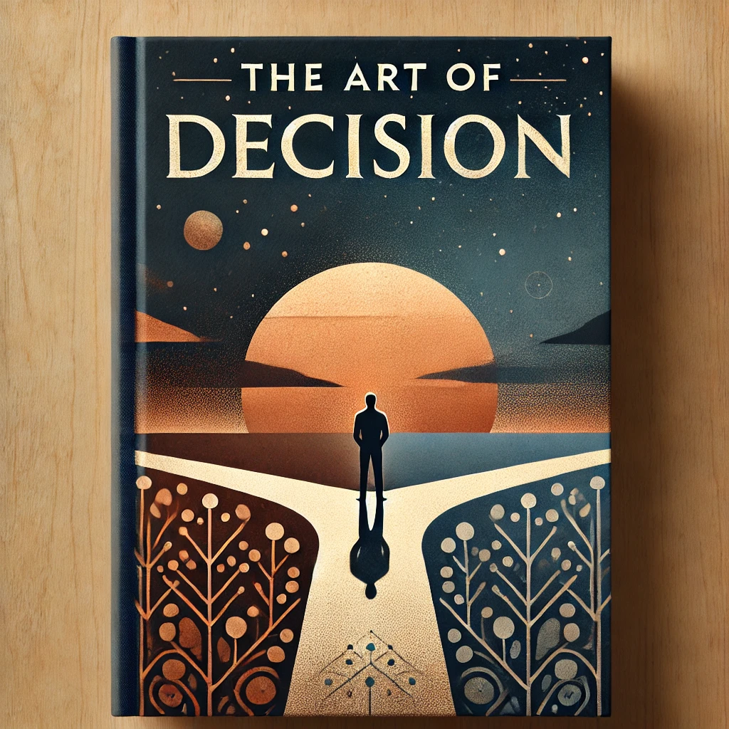 DALL·E 2025-01-14 08.07.46 - A captivating and minimalist book cover for 'The Art of Decision.' The design features a serene, balanced composition with a human silhouette standing